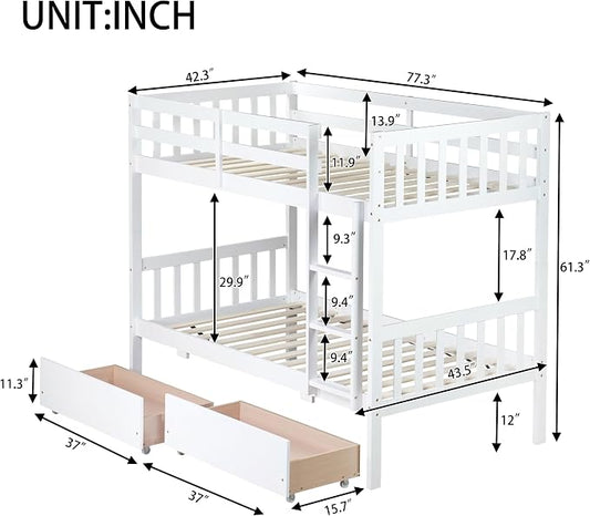 Harper & Bright Designs Twin Over Twin Bunk Bed with 2 Drawers, Convertible into 2 Twin Beds, Twin Bunk Bed with Ladder and Safety Guardrails, White
