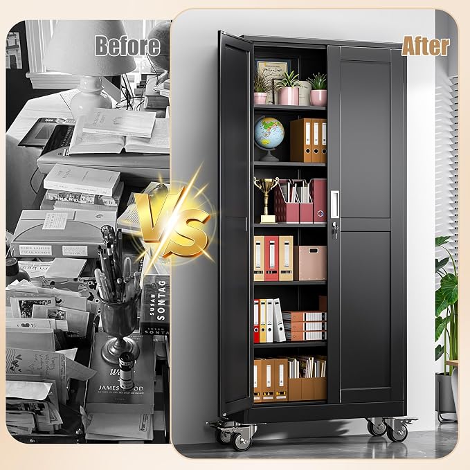 75" H Metal Pantry Storage Cabinet with Wheels,Rolling Kitchen Pantry Cabinet with 2 Doors and 5 Adjustable Shelves, Locker Steel Cabinet,Organization Cabinet for Garage,Home,Gym,School,Black