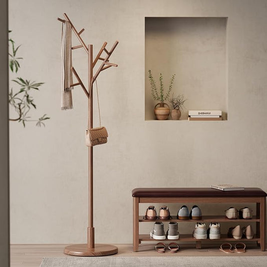 Muwuele Coat Rack, Solid Wood Coat Rack Freestanding With 12 Hooks, Coat Tree Freestanding Heavy Duty 3 Adjustable Heights For Coat, Hats, Handbags, Coat Hanger Stand For Entryway, Bedroom, Walnut