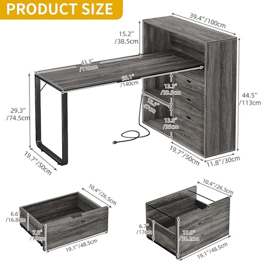 DWVO L Shaped Desk with Drawers & Power Outlets, 55" Computer Desk with Bookshelf, Corner Desk Home Office Desk with Storage Shelves & LED Lights, Grey
