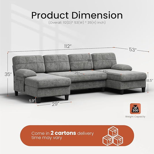 KKL U-Shaped Sectional Couch for Living Room, 112" Sectional Sofa with Double Chaise, Modern Sofa Deep Seat Couches for Living Room, Apartment, Office, Grey