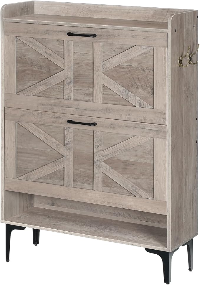 MAHANCRIS Shoe Storage Cabinet, Shoe Organizer with 2 Flip Drawers, Hidden Shoe Storage for Entryway, Freestanding Shoe Cabinet Organizer with Open Storages, Greige SHHG9401