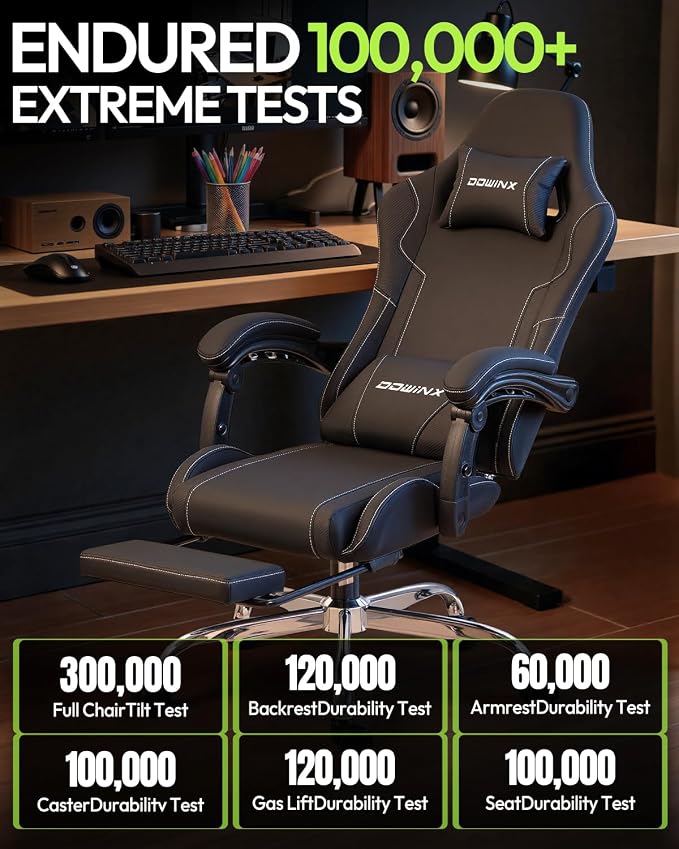 Dowinx Ergonomic Gaming Chair with Footrest & Massage Lumbar, 2D-Linkage Armrests for Computer Chair 330lbs with Headrest Pillow for Office, Home, Streaming and Long Gaming Sessions, Black