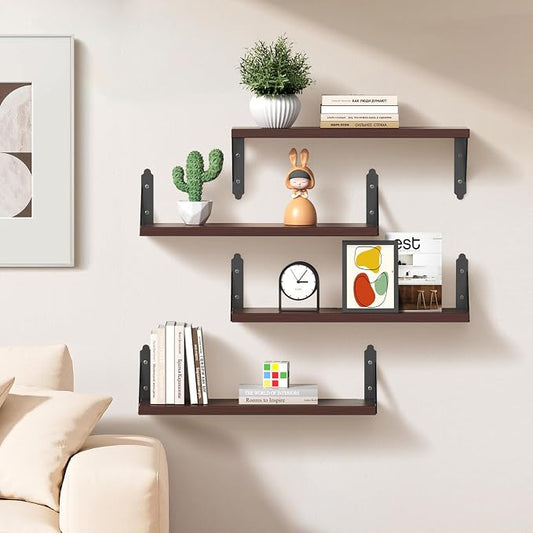 ROMGUAR CRAFT Wood Floating Shelves Set of 4, Rustic Storage Decor Wall Shelves, Wall Mounted Shelf for Living Room, Bedroom 17" x 6", Brown