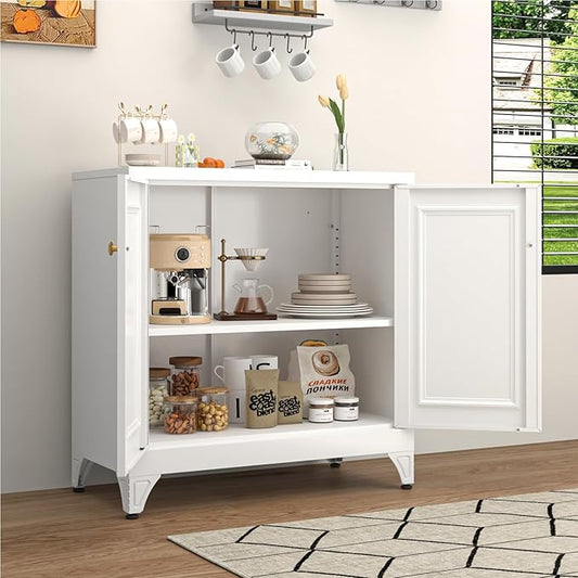 SteeLoong 33" Metal Kitchen Pantry Storage Cabinets with Door and Adjustable Shelves,White Sideboard Buffet Cabinet with Storage,Sideboard Buffet Cabinet for Dining Roonm,Living Room