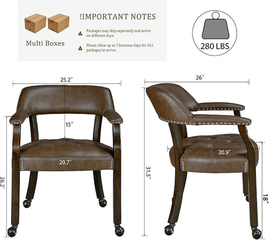 LEEMTORIG Set of 6 Large Dining Chairs with Casters and Arms, Rolling Dining Chairs with Wheels, Wood Boss Caption's Chairs, 26" D x 25.2" W x 31.5" H, Espresso Legs & Choalate PU, XXY-1910-BN