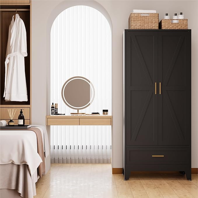 71" Tall Metal Armoire Wardrobe Closet,17.7" Deep By 31.5" Wide Portable Closet for Hanging Clothes,Wardrobe Cabinet with Drawer and Shelve for Bedroom Office Garage,Black 1 Pack