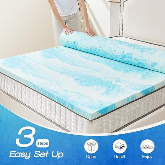 Sweetcrispy Mattress Topper Queen, 2 Inch Thick Memory Foam Gel Infused Cooling Toppers Pad for Queen Size Bed, Sleeper Sofa, RV, Camper, CertiPUR US Certified, Ventilated and Breathable, Blue