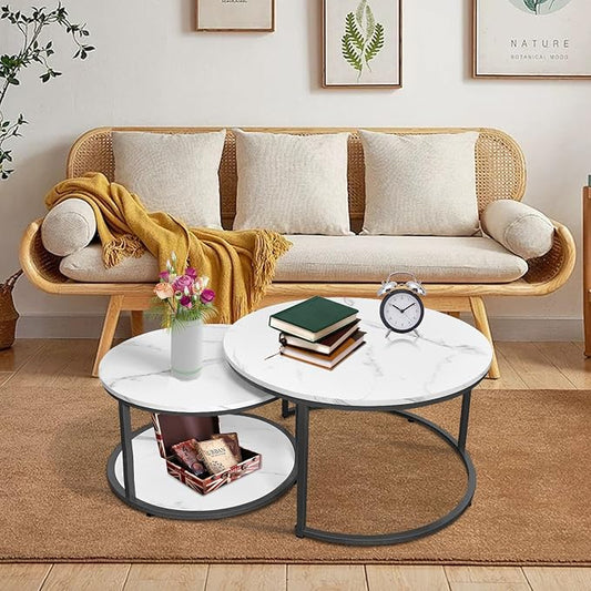 AT-VALY Coffee Table Set of 2 Nesting Tables,Round Side Table for Living Room, Small Accent Table with Storage (Black)