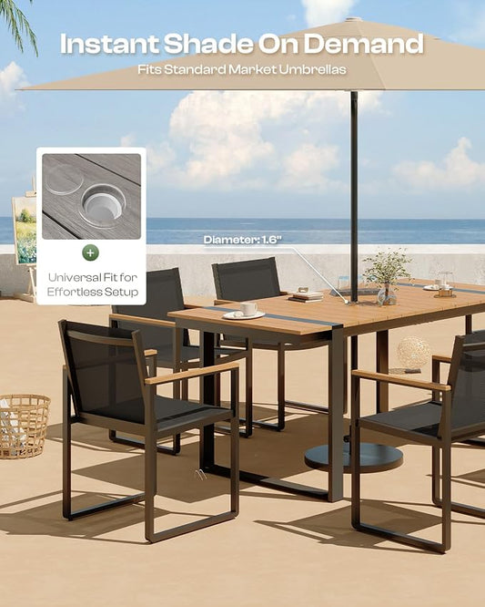 Outdoor Dining Table for 6, HDPS+ Aluminum Patio Dning Table with U-Shape Leg, Size: 67.4"*32.3"*29.6",Modern Rectangular Table for Lawn, Garden (Gray-Teak)