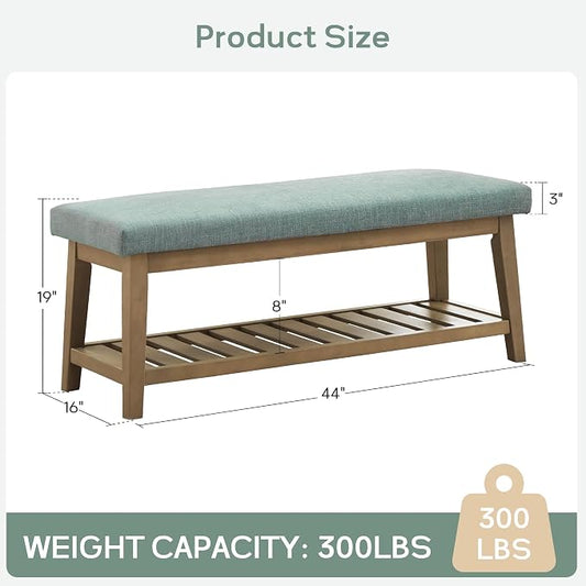 Zihanhome Entryway Shoe Bench with Cushion, End of Bed Bench,Upholstered Bench for Kitchen, Bench with Solid Wood Shelf, Fabric Ottoman Bench for Hallway, Living Room (Teal)