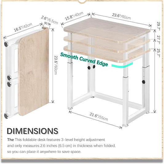 4NM No Tool Assembly 23.6" Small Desk, Folding Portable Desk with Wheels, Adjustable Height Foldable Computer Home Office Desks, Collapsible Study Writing Table for Space Saving Bedroom - Cloud Oak