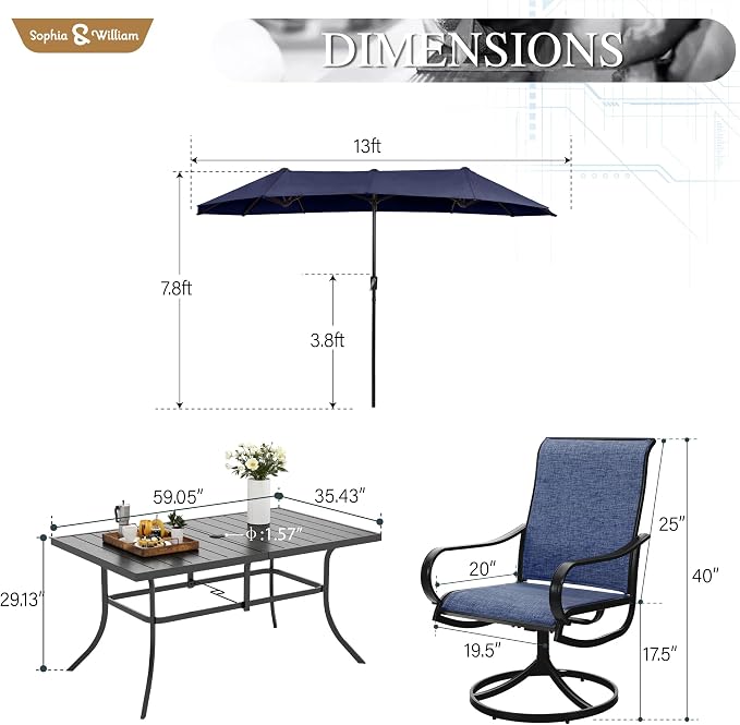 Sophia & William Patio Set with Umbrella 8 Pieces Outdoor Dining Set for 6 with 13ft Umbrella Navy Blue, 6 x Blue Swivel Patio Chairs with 59" Dining Table for Lawn Garden (No Umbrella Base)