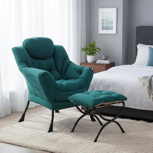Lazy Chair with Ottoman, Modern Accent Chair Contemporary Sofa Chair with Armrests, Reading Chair and Folding Footstool Set for Living Room, Bedroom, Office
