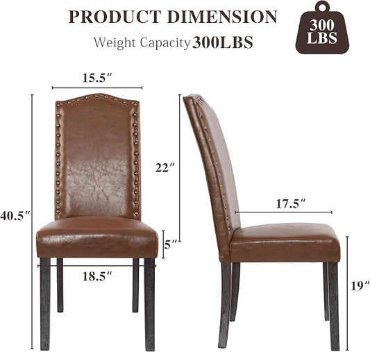 LSSBOUGHT PU Dining Chair Set of 2 Upholstered Parsons Kitchen Chair with Copper Nails and Solid Wood Legs for Dining Room,Restaurant(Brown, 2PCS)