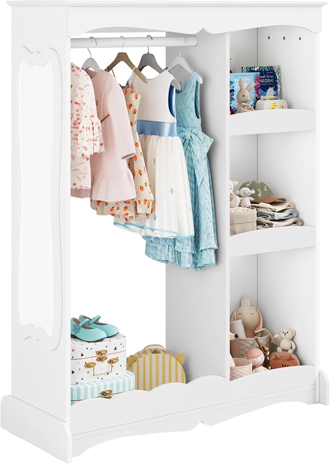 Curipeer Kids Dress Up Storage with Cloud Base & Flower Mirror, Open Hanging Closet Wardrobe for Children, Kids Armoire & Costume Organizer for Bedroom Playroom Preschools Classroom, White