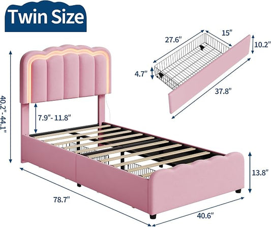 Garvee Twin Size Bed Frame with 2 Storage Drawers and LED Lights, Upholstered Platform Twin Bed with Adjustable Headboard, Wooden Slats Support, No Box Spring Needed, Easy Assembly, Pink