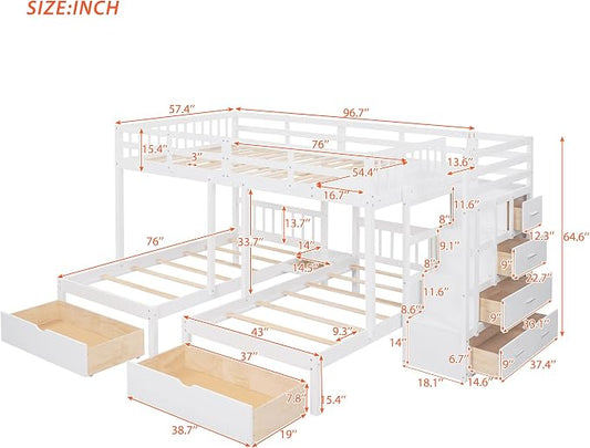 VilroCaz Upgraded Version Full Over Twin & Twin Bunk Bed, Solid Wood Triple Bunk Bed with Storage Drawers and Staircase, Strong Sturdy Bunk Bed Frame with Guardrails for Kids Teens Aldults