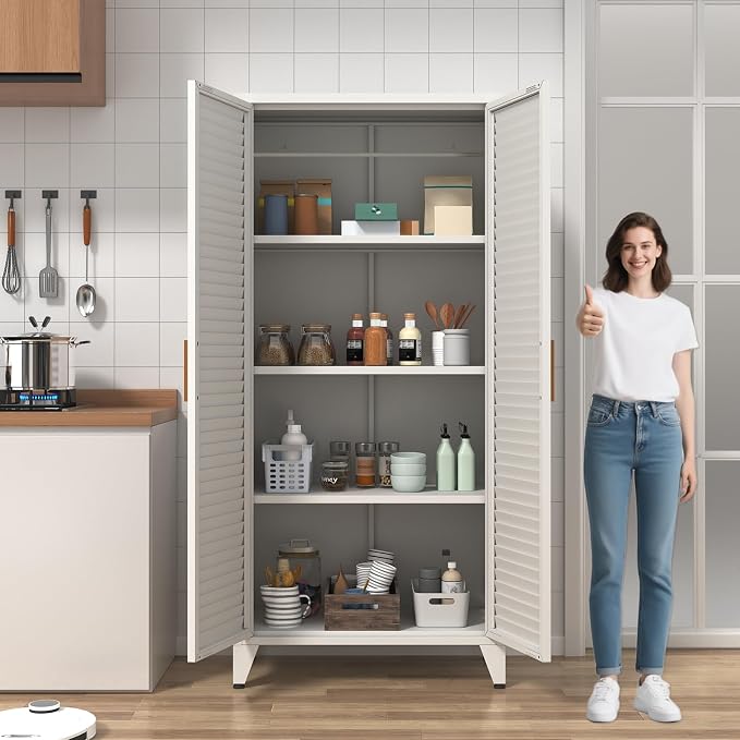 61" Tall White Kitchen Pantry Cabinet, Farmhouse Metal Pantry Storage Cabinets, with 2 Louvered Door and 3 Adjustable Shelves, Multipurpose Storage Organizer, for Home, Entryway, Kids Room