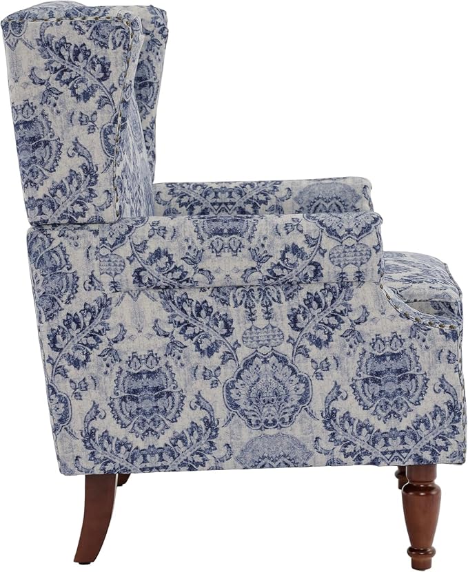 High Back Accent Chairs Set of 2, Fabric Wingback Chair Floral Upholstered Armchair for Living Room, Retro Comfy Single Sofa Bedroom Reading Seat with Solid Wood Legs - Navy