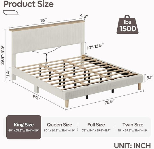 Bestier King Bed Frame with Adjustable Headboard & LEDLighting, Corduroy Upholstered Platform Bed Frame withStorage Shelf, Solid Wood Slats, No Box Spring Needed,Never Squeak, Easy Assembly, Beige