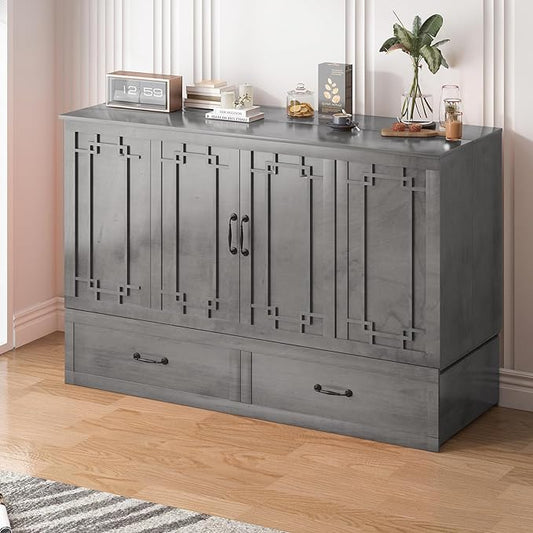 BALUS Queen Murphy Bed, Cabinet Bed with Built-in USB Ports & Storage Drawers, Wood Hidden Wall Beds, Modern Murphy Beds Cabinet Guest Beds for Bedroom/Living Room - (Dark Grey)