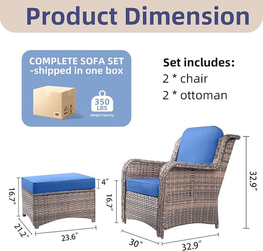 4 Piece Outdoor Wicker Patio Furniture Set, Patio Chairs Set with Thickened Cushions, High Back and Deep Seating, Hand-Woven Rattan, Ottoman for Porch, Deck, Blue