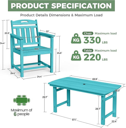 HDPE Outdoor Dining Set, Patio Table and Chairs Set, All-Weather 5-Piece Outside Table and 4 Chairs, 2" Umbrella Hole, Outdoor Furniture for Garden, Poolside, Backyard, Deck | Lake Blue
