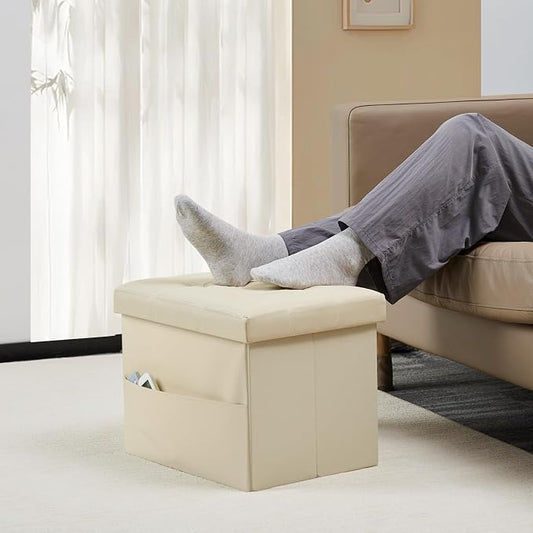 Bsketa Storage Ottoman Foot Rest Stool, Small Leather Storage Ottomans Bench, Folding Footstool with Side Pockets, Foot Rest Under Desk for Living Room Bedroom, 17x13x13 in, Beige