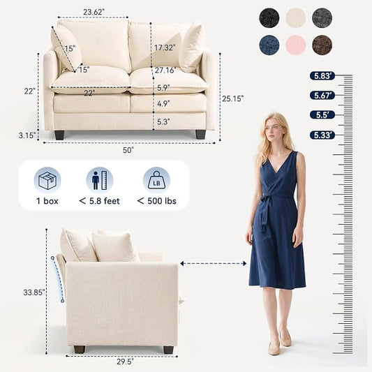 3 Seater Couch & Loveseat Sofa 2 Piece Set, Small 50" Love Seat & 69" Cloud 3 Seat Couch Sofa Set Washable Chenille Pillow Living Room Set for Apartment Office 8833-BEIGE-3+2