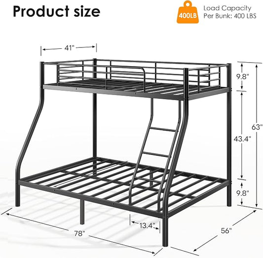 Bunk Beds Twin Over Full Size with 6'' Mattresses, Heavy Duty Metal Bunk Bed Frame with Angled Ladder for Teens and Adults, Space Saving for Apartment, Dorm or Small Room, Easy Assembly
