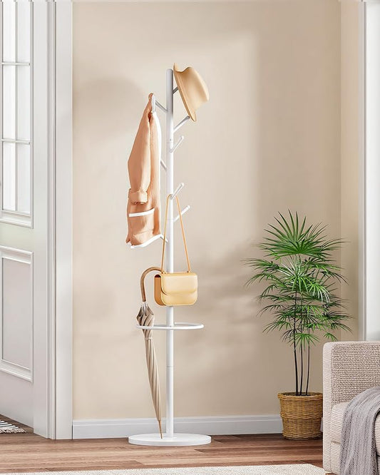 CHOEZON Coat Rack Freestanding, Coat Rack with Umbrella Holder, Coat Hanger Stand with 8 Hooks, Coat Tree with Marble Base, 3 Adjustable Size, for Entryway, Living Room, Bedroom Marble White TYM09WD
