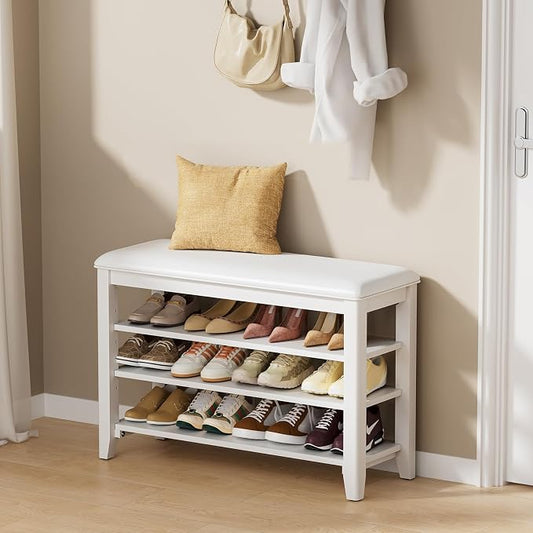 Entryway Shoe Storage Bench with Leather Cushion, Shoe Organizer Bench for Entryway, Ideal for Hallways Front Doors Entrances Mudrooms Featuring Rubberwood And 3 Height-Adjustable & Removable Shelve
