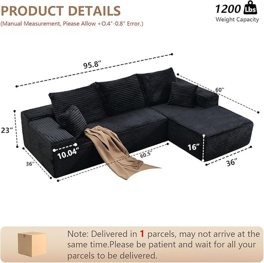 Sectional Couches for Living Room Cloud Couch Sofa with L-Shape Couch in a Box Upholstered Boneless Couchs Modern Modular Sectional Couch with Chaise(Black,3 Seater-Right-Facing Chaise-96)
