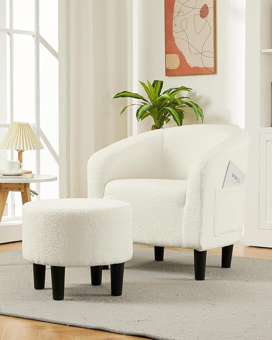 GarveeHome Accent Chair with Ottoman, Boucle Barrel Chair for Bedroom, Soft Armchair with Footstool, Modern Living Room Chair for Small Space, Beige