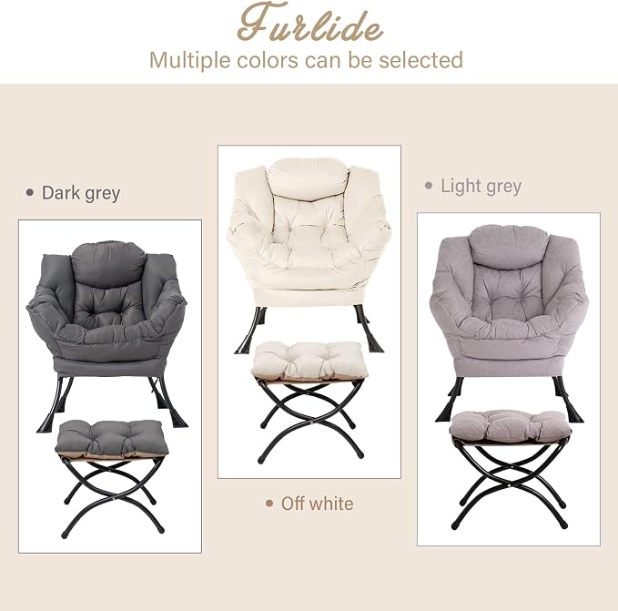 Furlide Lazy Chair with Ottoman, Modern Chair with Folding Footrest, Lounge Accent Chair, Comfortable Reading Chair, Oversized Armchairs for Bedroom, Study, Living Room, Courtyard (Light Grey)