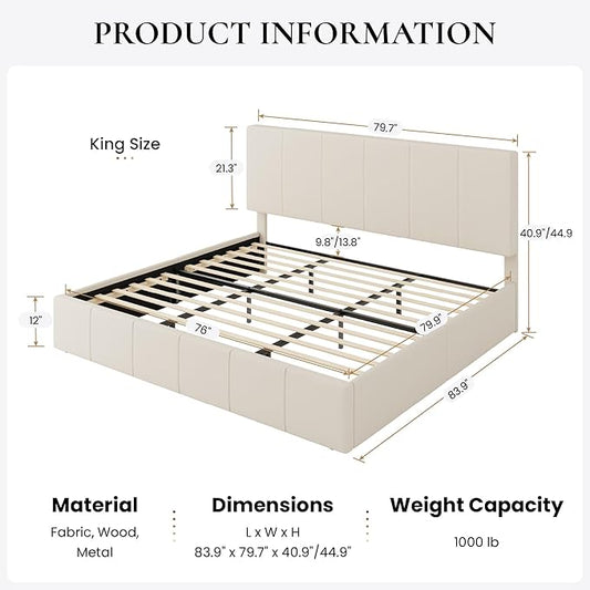 SHA CERLIN King Size Bed Frame, Dutch Velvet Upholstered Platform Bed, Vertical Channel Tufted Adjustable Headboard, Low Profile Bed Frame, No Box Spring Needed, Easy Assembly, Cream