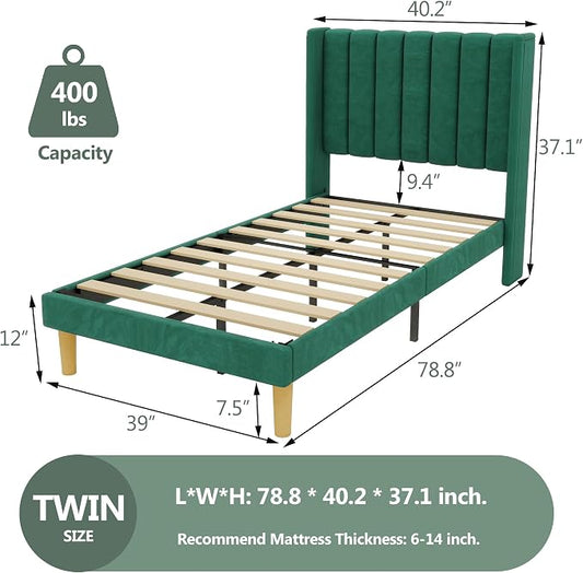 alazyhome Platform Bed Frame Twin Size with Upholstered Headboard, Solid Wood Slats Support, No Box Spring Needed, Noise Free, Easy Assembly, Modern Velvet Bed, Green