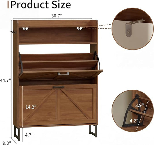 Shoe Cabinet with 2 Flip Drawers, Freestanding Hidden Shoe Storage Organizer for Entryway, Narrow Slim Shoe Rack Cabinet with Open Storage & Hooks for Front Door Entrance, Living Room, Hallway, Walnut