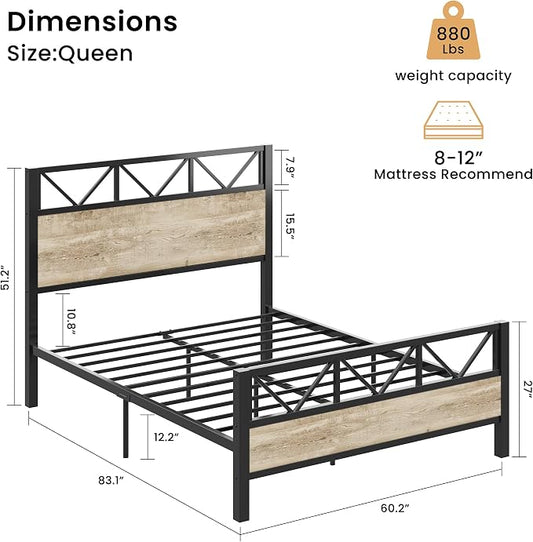 LIKIMIO Queen Bed Frame, Tall Modern Headboard 51.2 ", Platform Bed Frame with Strong Metal Support, Solid and Stable, Noise Free, No Box Spring Needed, Easy Assembly, White Maple
