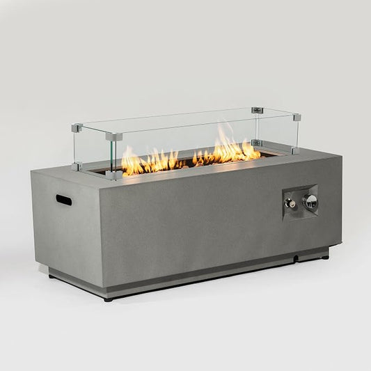 42" Propane Gas Fire Pit Table, 50000 BTU Rectangular Outdoor Fire Pit with Glass Wind Guard, Steel Patio Fire Table with Lid, Lava Rocks & Rain Cover for Backyard Deck Garden, Gray