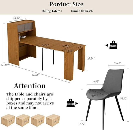 HIPIHOM 86.6" Extendable Kitchen Table Set for 6, Storage Cabinet | Space-saving Extendable MDF Dining Set with 6 Grey Chairs, Family Meal, Apartment, Small Room