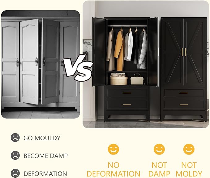Metal Wardrobe Closet Cabinet with Drawers,71" H Large Bedroom Armoires with Shelves and Hanging Rod,Wardrobe Storage Cabinet with 2 Doors, 1 Adjustable Shelf and Drawers (2Drawer, Black)