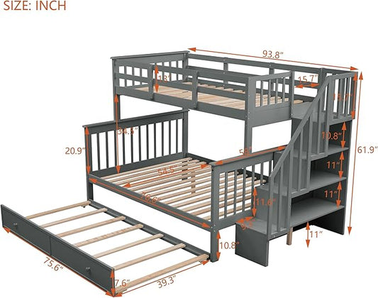 MERITLINE Twin Over Full Bunk Bed with Trundle, Storage Staircase,Solid Wood Bunk Bed with Stairs Box and Guardrail, No Spring Box Needed (Grey &Trundle,Twin Over Full)