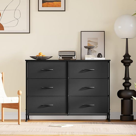 DUMOS 6 Drawer Dresser for Bedroom, Wide Storage Chest of Drawers Cabinet | Fabric Storage Organizer with Wooden Top, TV Stand for 43-50 Inch TV in Closet, Living Room, Black