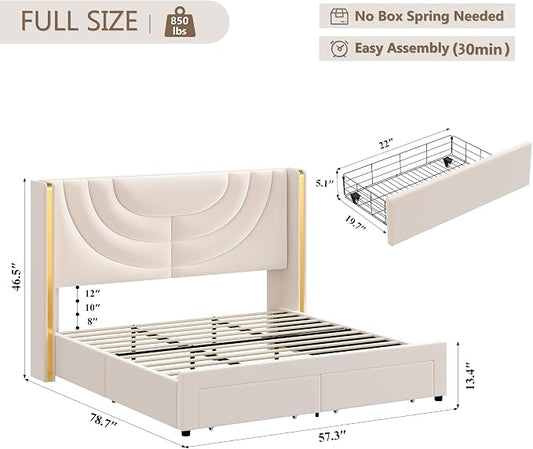 HITHOS Full Upholstered LED Bed Frame with 2 Storage Drawers, Velvet Platform Bed with Wingback Headboard, Solid Wooden Slats Support, No Box Spring Needed, Headboard Splicing Design, Beige