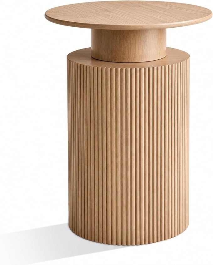 24" Fluted End Table Reversible, Hidden Storage, Natural Oak | Mid Century Modern Nightstand, Bedside Table, Cylinder Side Table, Pre-Threaded MDF, for Bedroom Living Room Office