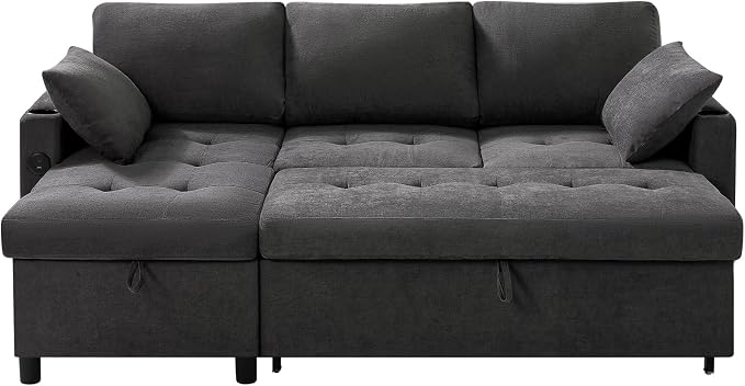 84" L-Shape Pull Out Sofa with 2 Storage Chaise, Grey | Fabric Sectional Sleeper Sofa with Adjustable Backrest, Upholstered Reversible Couch Bed with USB Port for Living Room, House