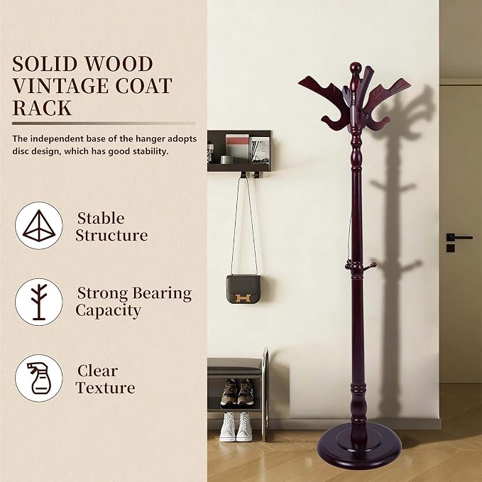 Wooden Coat Rack Free standing, Vintage Coat Rack Stand for Entryway, Adjustable Height 73", Heavy Duty Coat Tree with Solid Round Base for Home Bedroom, Office (Hummingbird)