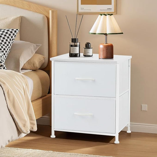 Nightstand, Small 2 Drawer Dresser End Table Bedside Furniture, Wooden Top Fabric Bins for Bedroom, Closet, Entryway, Dorm, 11.8" D x 18" W x 20", White